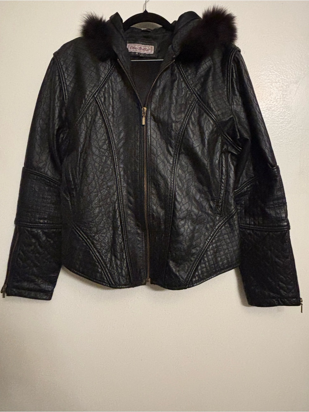 Women’s Black Quilted Genuine Leather Jacket with Faux Fur Trim